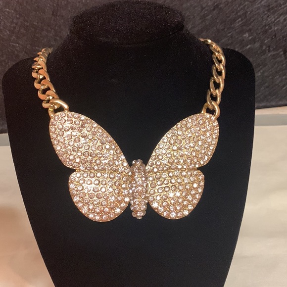 Gold Tone Chunky Chain Butterfly Necklace with Rhinestones - Picture 3 of 4